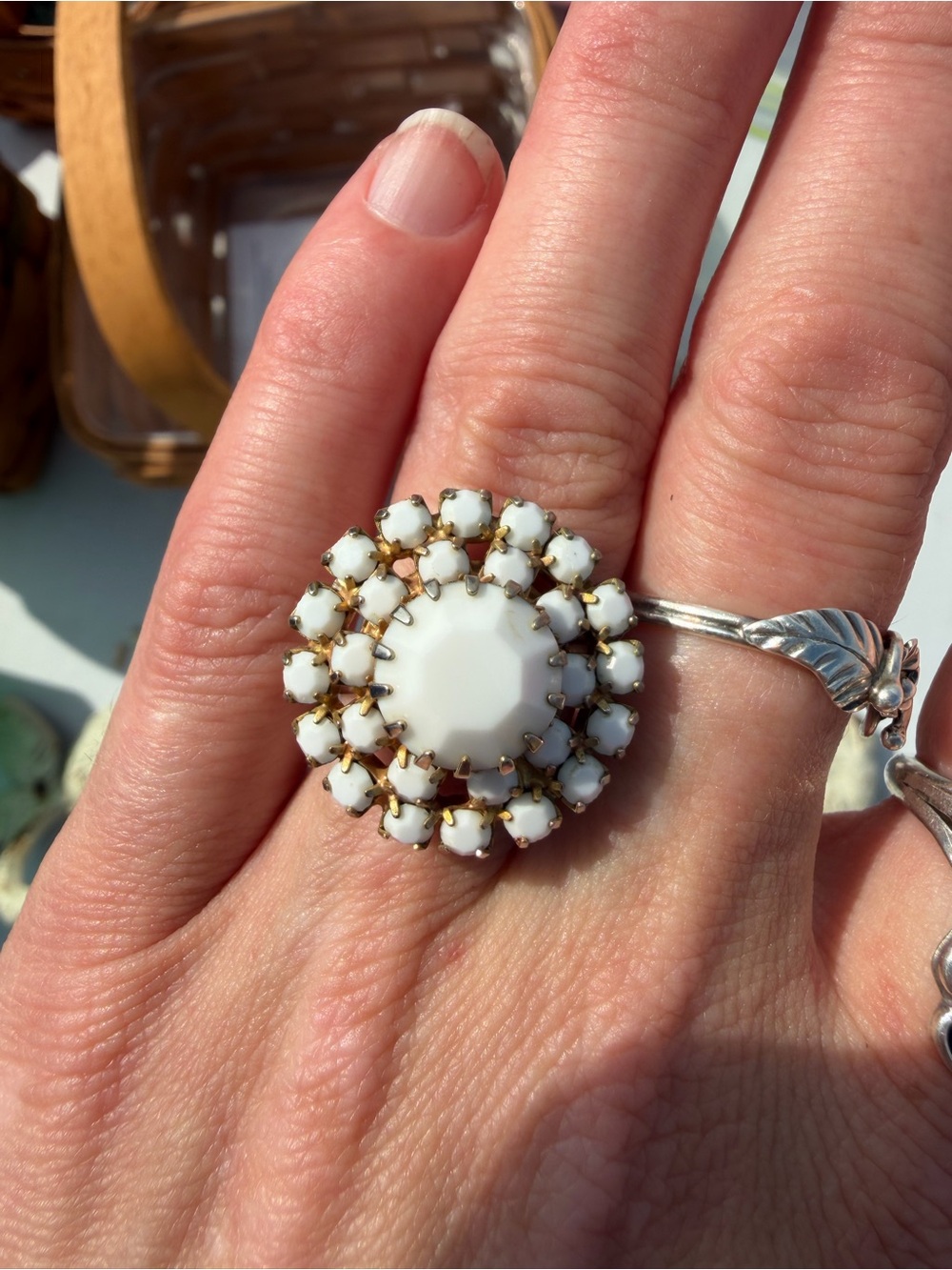 Vintage large floral milk glass ring